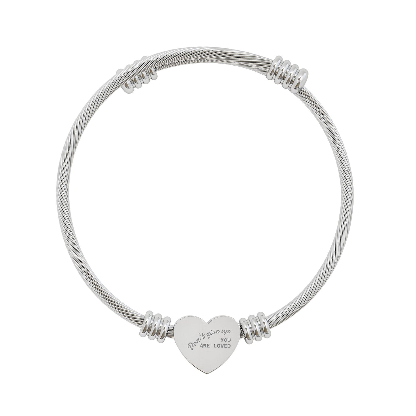 Affirmation Engraved Heart Cuff Bracelet | Steel Cable Bracelet with Heart Plate
