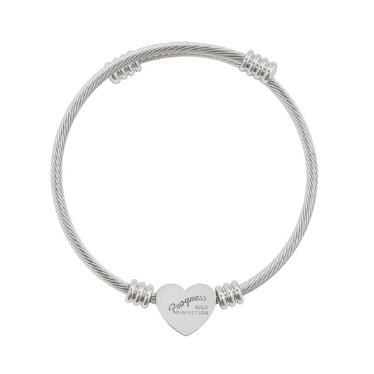 Affirmation Engraved Heart Cuff Bracelet | Steel Cable Bracelet with Heart Plate