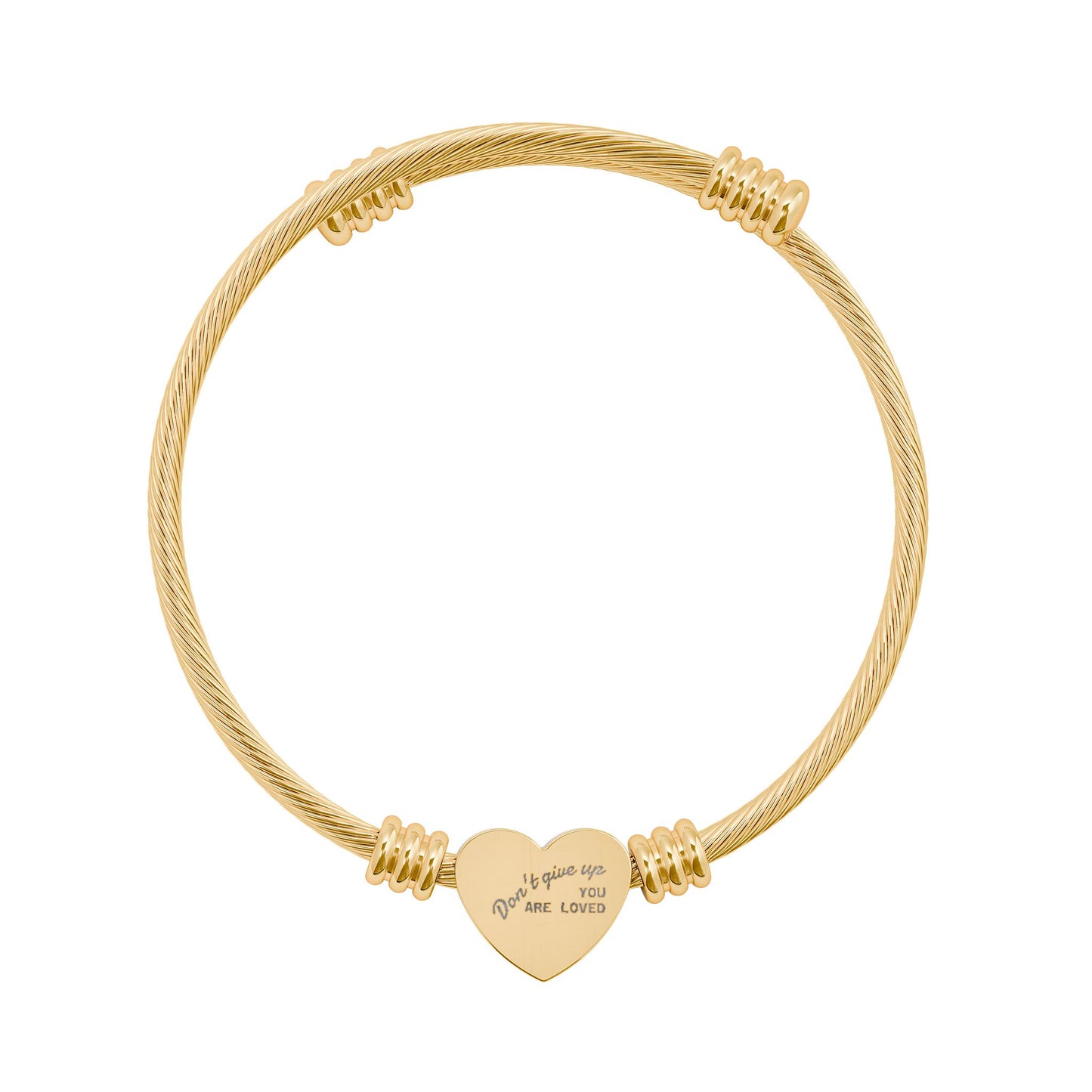 Affirmation Engraved Heart Cuff Bracelet | Steel Cable Bracelet with Heart Plate