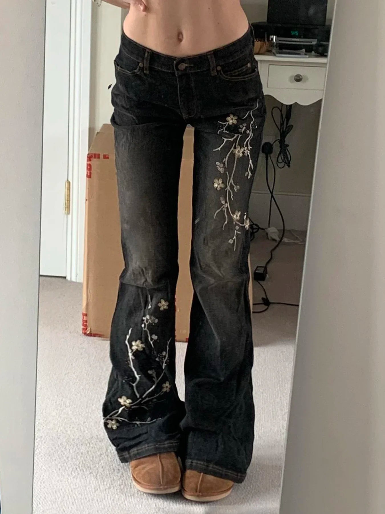 Women Vintage Floral Embroidery Jeans Streetwear 2000s Low Rise Flared  Denim Pants Retro Y2k Baggy High Street Basic Trousers