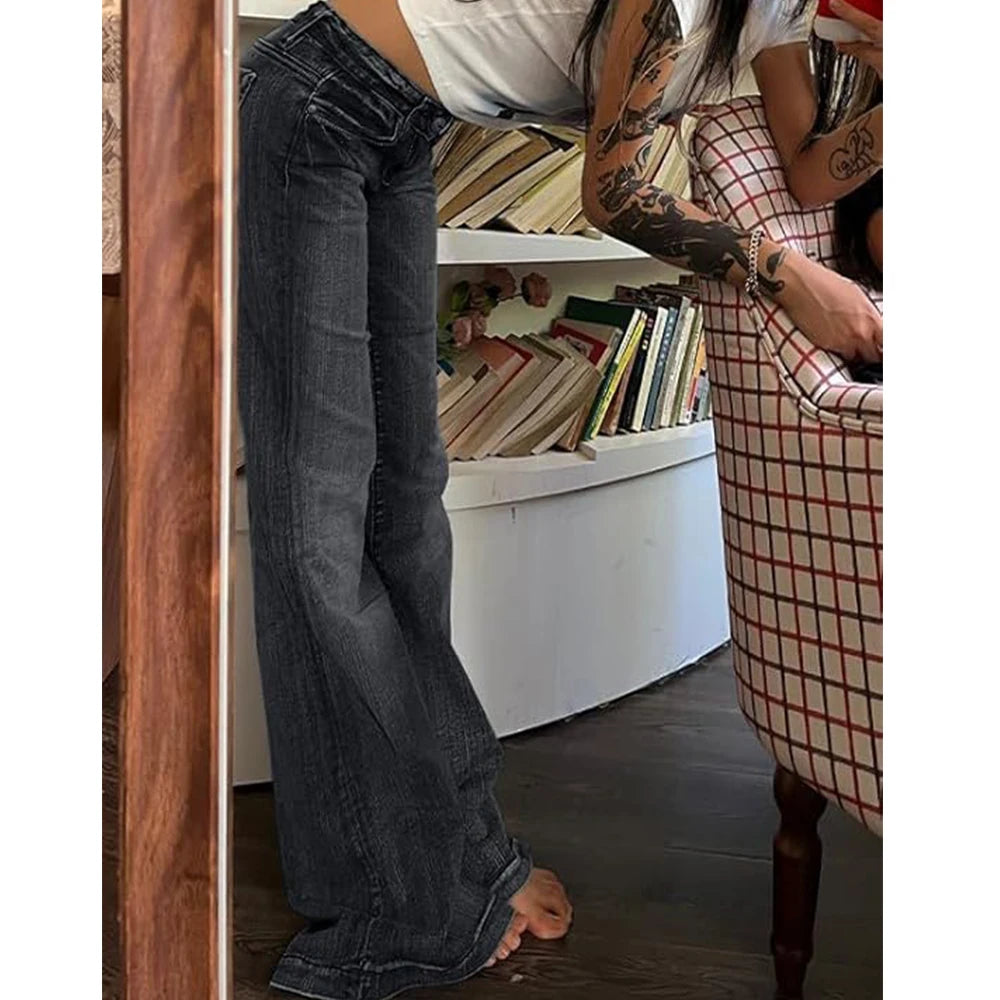 Women Vintage y2k Flared Jeans Retro Button-up Low Rise Casual Denim Pants Harajuku 2000s Aesthetic Trousers Basic Jeans