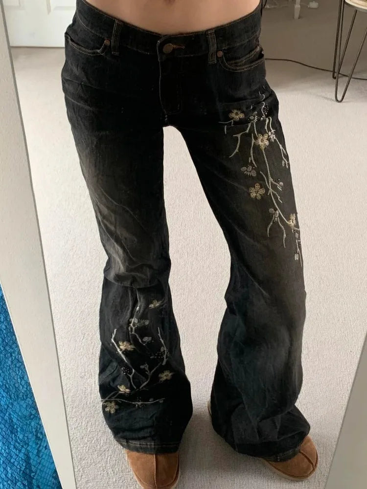 Women Vintage Floral Embroidery Jeans Streetwear 2000s Low Rise Flared  Denim Pants Retro Y2k Baggy High Street Basic Trousers